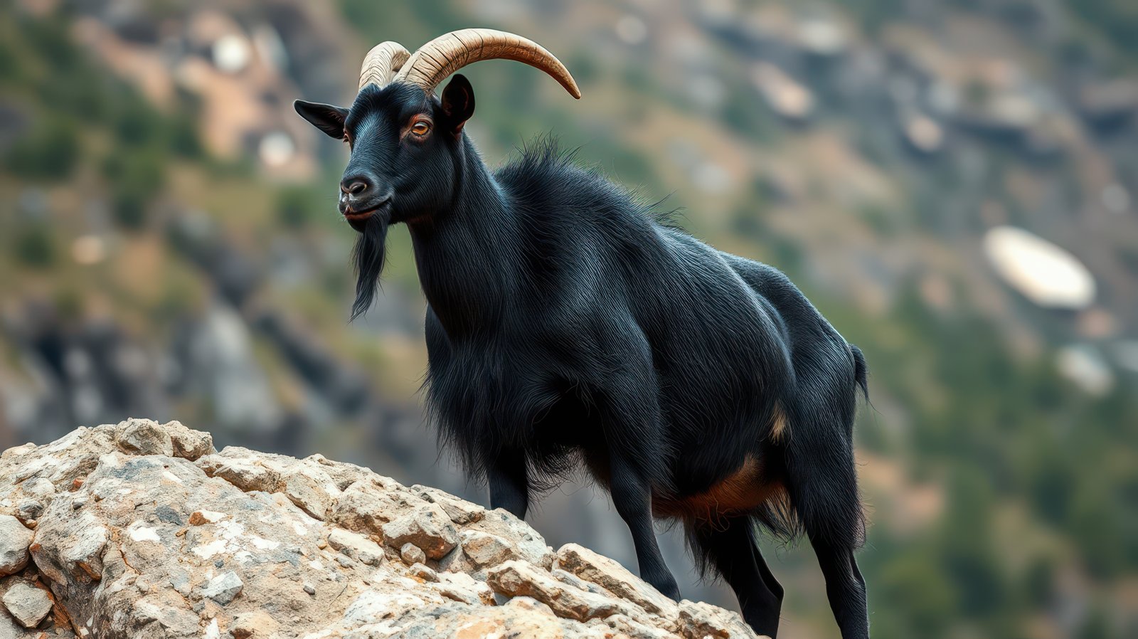 Majestic black goat standing on a rocky terrain in the mountains during daylight